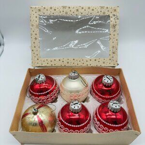 Vintage West Germany Mercury Glass Christmas Ornaments Set Of 6 Red Gold White